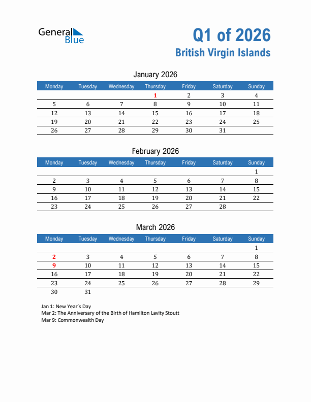 British Virgin Islands Q1 2026 Quarterly Calendar with Monday Start