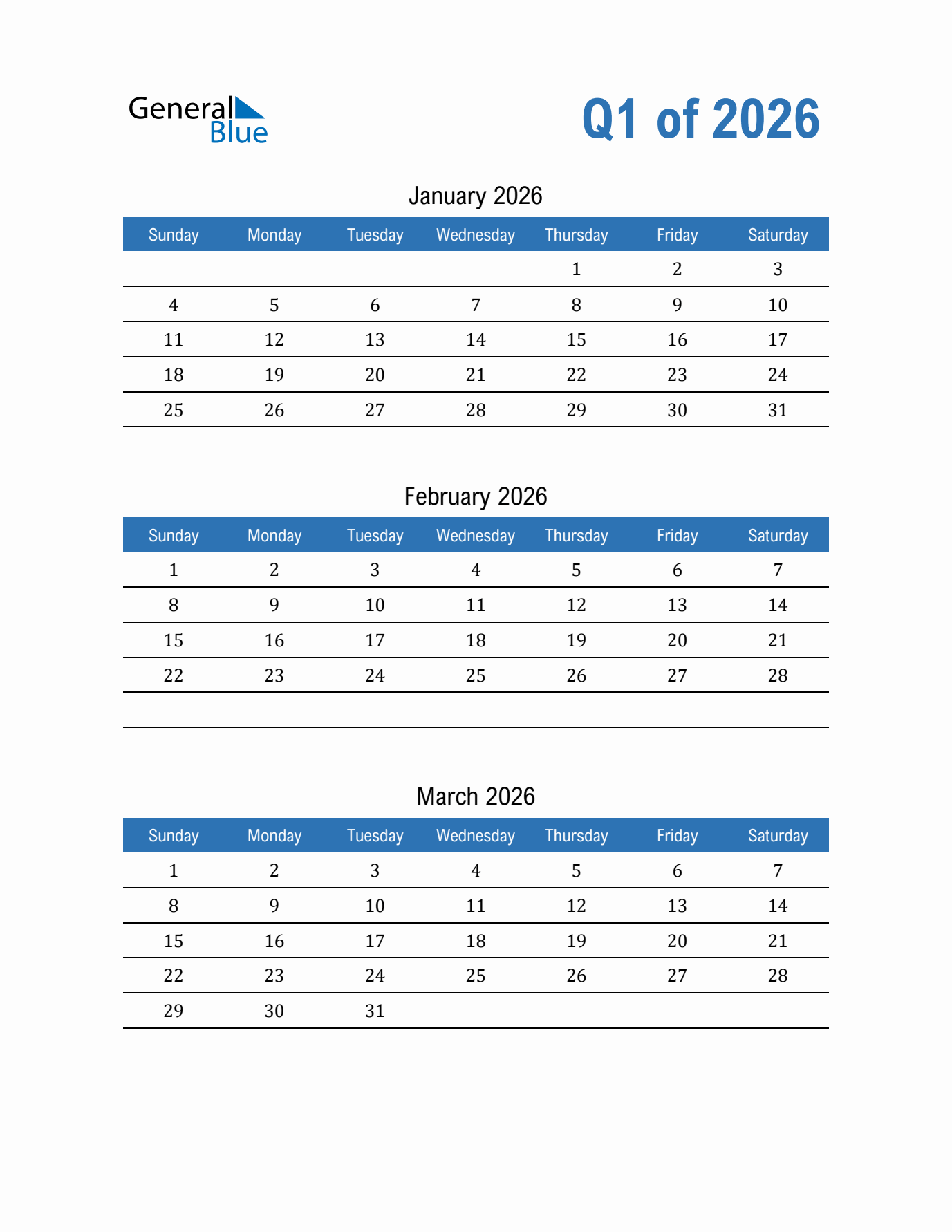 Q1 2026 Quarterly Calendar in PDF, Word, Excel
