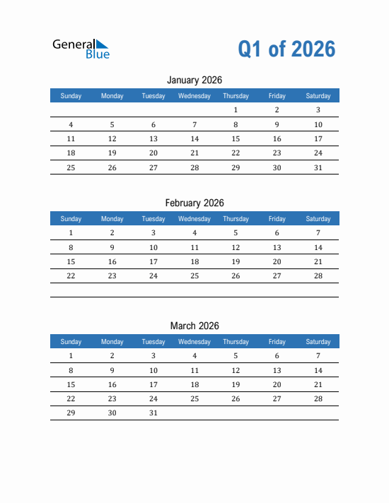 Quarter 1 2026 calendar template