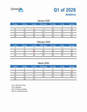 Andorra Quarter 1  2026 calendar template