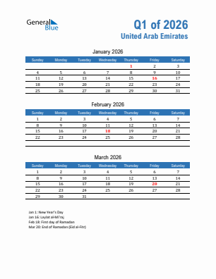 United Arab Emirates Quarter 1  2026 calendar template