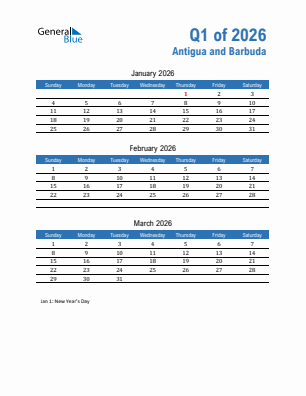 Antigua and Barbuda Quarter 1  2026 calendar template