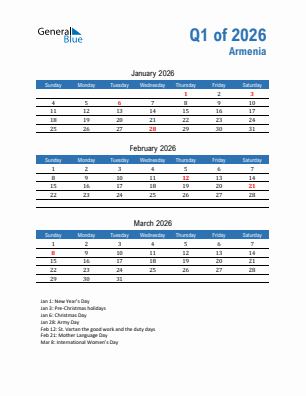 Armenia Quarter 1  2026 calendar template