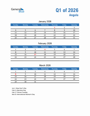 Angola Quarter 1  2026 calendar template