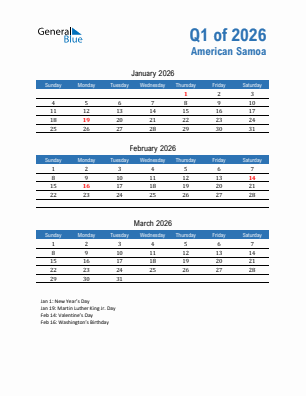 American Samoa Quarter 1  2026 calendar template
