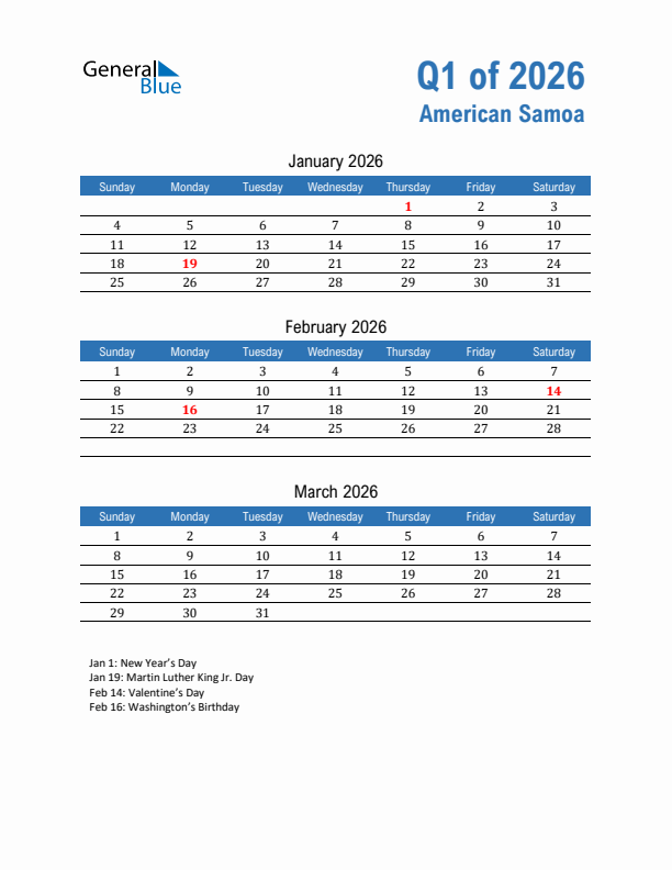 American Samoa Q1 2026 Quarterly Calendar with Sunday Start