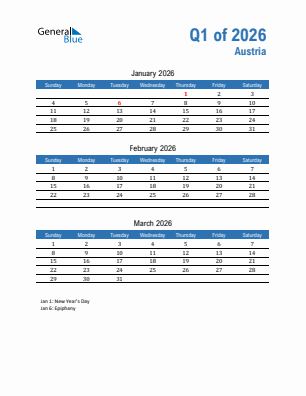 Austria Quarter 1  2026 calendar template