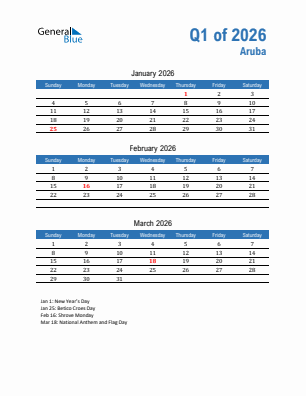 Aruba Quarter 1  2026 calendar template