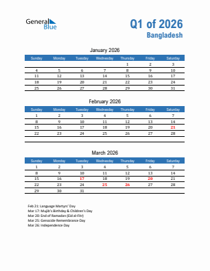 Bangladesh Quarter 1  2026 calendar template