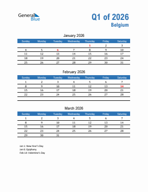 Belgium Quarter 1  2026 calendar template