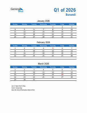 Burundi Quarter 1  2026 calendar template