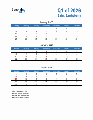 Saint Barthelemy Quarter 1  2026 calendar template