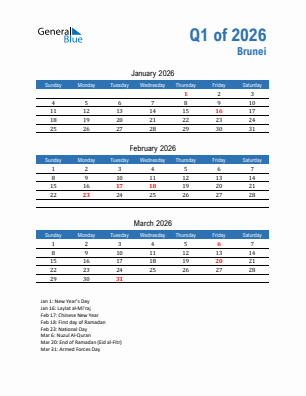 Brunei Quarter 1  2026 calendar template