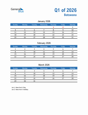 Botswana Quarter 1  2026 calendar template