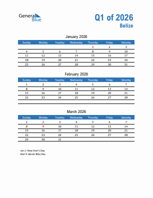 Belize Quarter 1  2026 calendar template