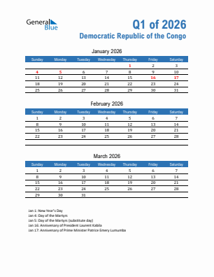 Democratic Republic of the Congo Quarter 1  2026 calendar template