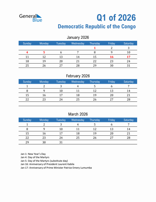 Democratic Republic of the Congo Q1 2026 Quarterly Calendar with Sunday Start