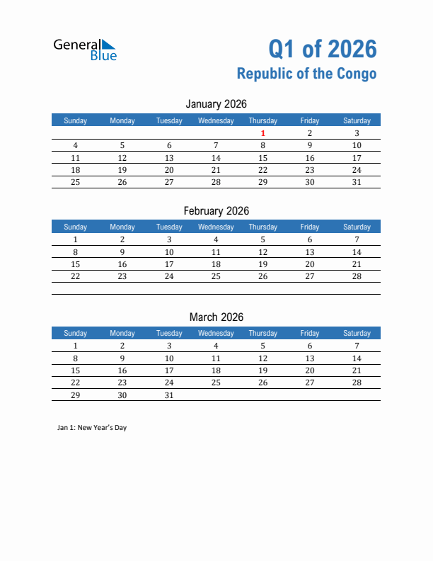 Republic of the Congo Q1 2026 Quarterly Calendar with Sunday Start