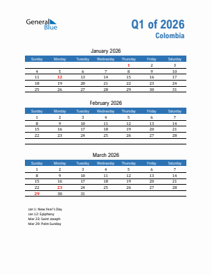 Colombia Quarter 1  2026 calendar template