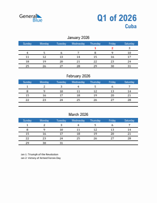 Cuba Quarter 1  2026 calendar template