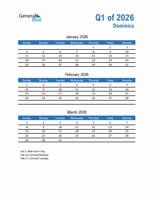 Dominica Quarter 1  2026 calendar template