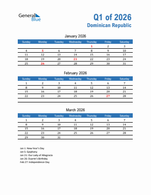 Dominican Republic Quarter 1  2026 calendar template