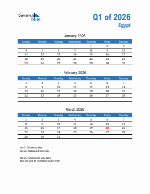Egypt Quarter 1  2026 calendar template