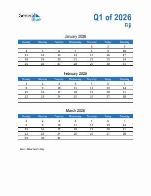Fiji Quarter 1  2026 calendar template