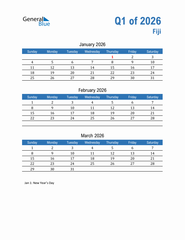 Fiji Q1 2026 Quarterly Calendar with Sunday Start