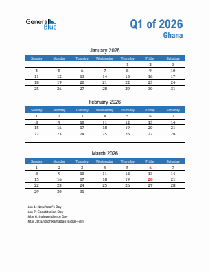 Ghana Quarter 1  2026 calendar template