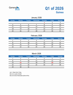 Guinea Quarter 1  2026 calendar template