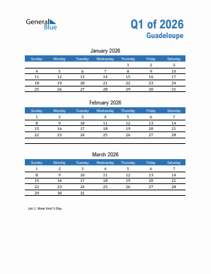 Guadeloupe Quarter 1  2026 calendar template