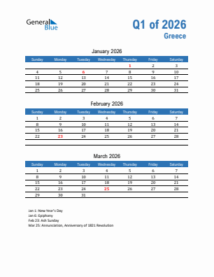 Greece Quarter 1  2026 calendar template