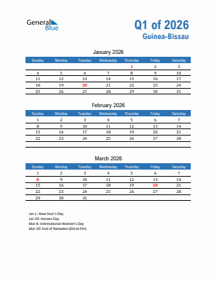 Guinea-Bissau Quarter 1  2026 calendar template