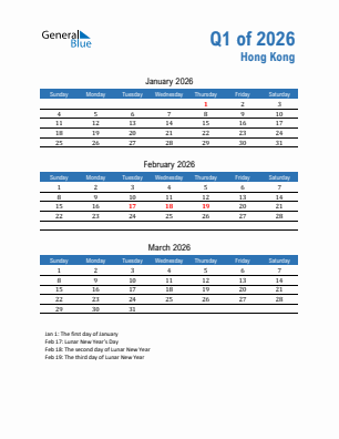 Hong Kong Quarter 1  2026 calendar template