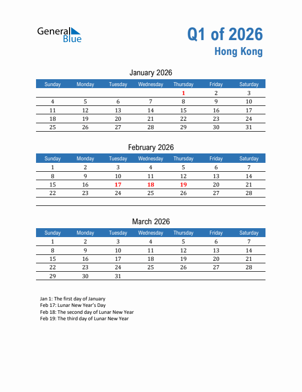 Hong Kong Q1 2026 Quarterly Calendar with Sunday Start