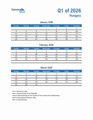 Hungary Quarter 1  2026 calendar template