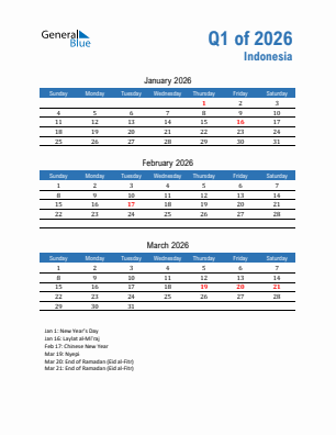 Indonesia Quarter 1  2026 calendar template