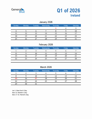 Ireland Quarter 1  2026 calendar template