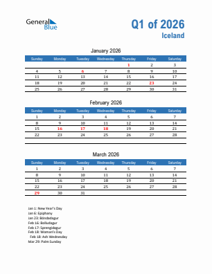 Iceland Quarter 1  2026 calendar template
