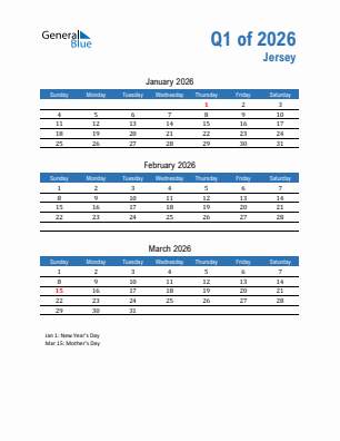 Jersey Quarter 1  2026 calendar template