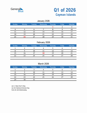 Cayman Islands Quarter 1  2026 calendar template