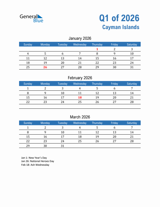 Cayman Islands Q1 2026 Quarterly Calendar with Sunday Start