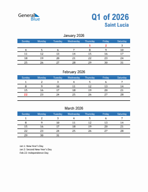 Saint Lucia Quarter 1  2026 calendar template