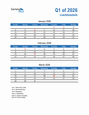 Liechtenstein Quarter 1  2026 calendar template