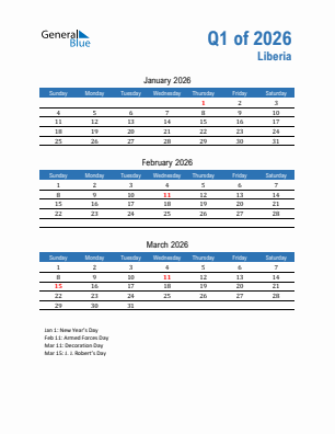 Liberia Quarter 1  2026 calendar template