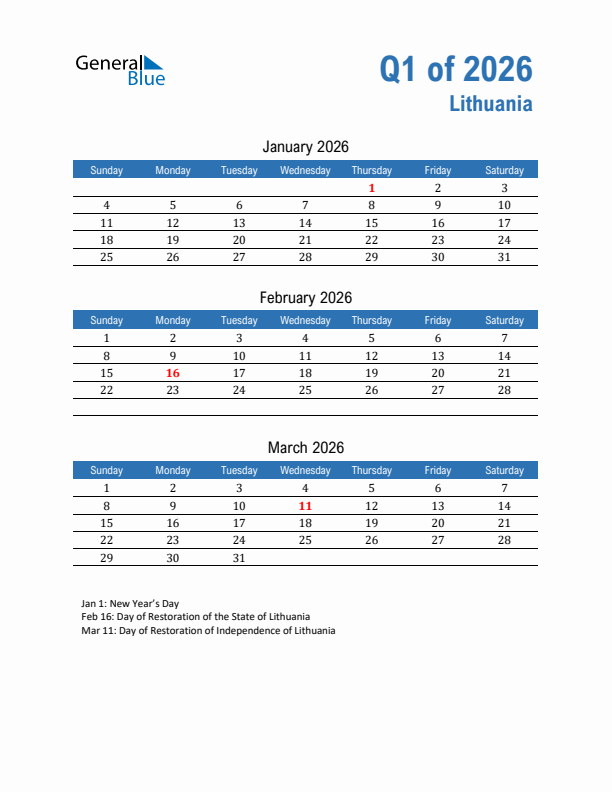 Lithuania Q1 2026 Quarterly Calendar with Sunday Start