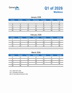 Moldova Quarter 1  2026 calendar template