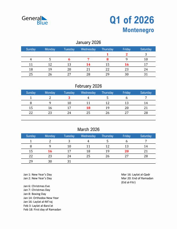 Montenegro Q1 2026 Quarterly Calendar with Sunday Start