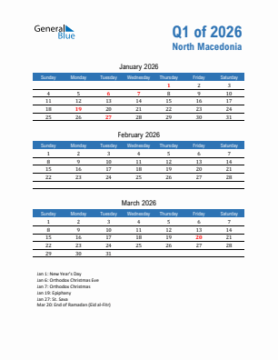 North Macedonia Quarter 1  2026 calendar template